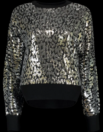Shop Michael Kors Leopard Paillette Pullover In Blk-slvr