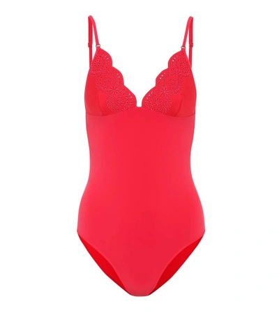 Shop Stella Mccartney Scalloped Swimsuit In Red