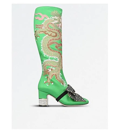 Shop Gucci Ladies Green Candy Dragon Embroidered Satin Knee-high Boots