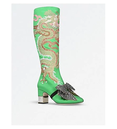 Shop Gucci Ladies Green Candy Dragon Embroidered Satin Knee-high Boots