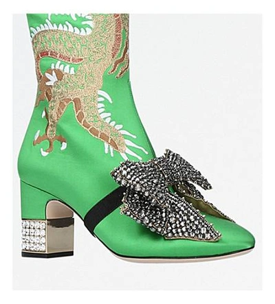 Shop Gucci Ladies Green Candy Dragon Embroidered Satin Knee-high Boots