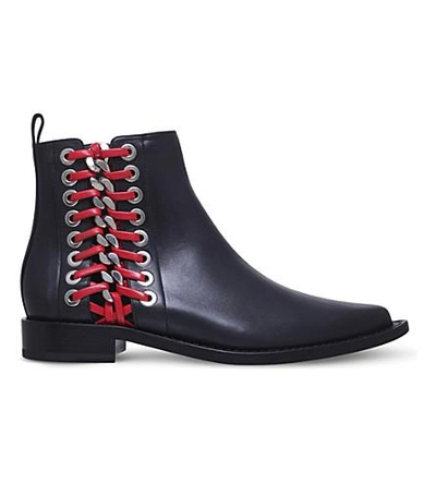 Shop Alexander Mcqueen Braided Leather Ankle Boots In Blk/red