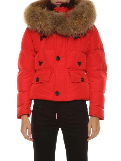Dsquared2 Hooded Nylon Down Bomber Jacket W/ Fur In Rosso | ModeSens