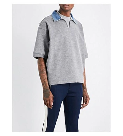 Shop Fear Of God Fifth Collection Denim-collar Short-sleeved Cotton-jersey Sweatshirt In Heather Grey/denim