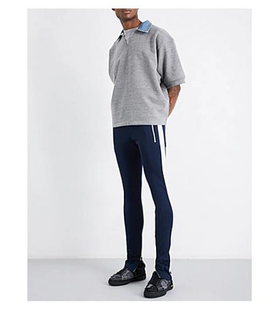 Shop Fear Of God Fifth Collection Denim-collar Short-sleeved Cotton-jersey Sweatshirt In Heather Grey/denim