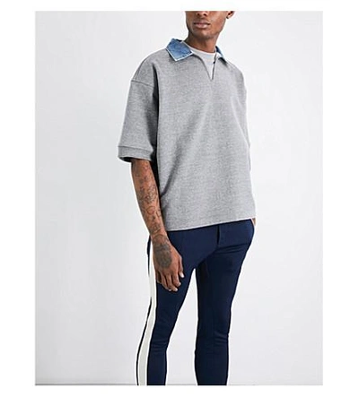 Shop Fear Of God Fifth Collection Denim-collar Short-sleeved Cotton-jersey Sweatshirt In Heather Grey/denim