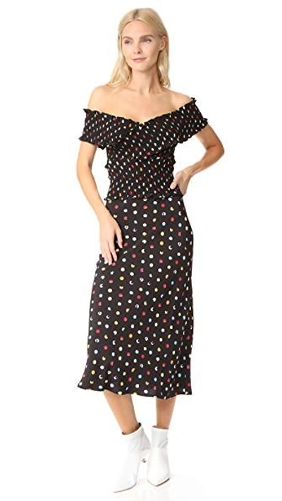 Shop Anna October Polka Dot Off The Shoulder Dress In Black Multi