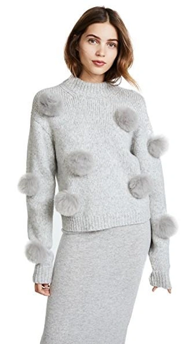 Shop Tibi Cropped Alpaca Pom Pom Sweater In Heather Grey