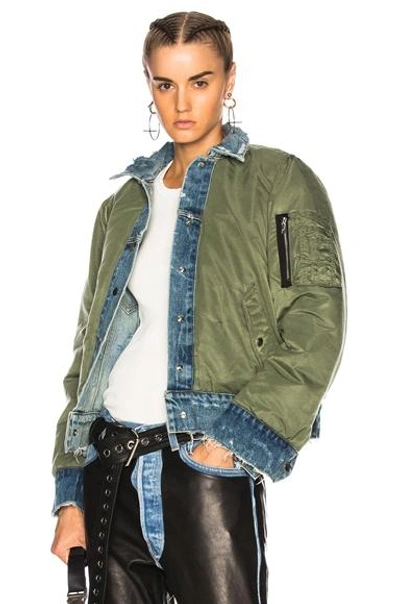 Shop Amiri Reverse Trucker Bomber In Blue, Green. In Olive & Light Indigo Tint