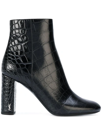 Shop Saint Laurent Crocodile Embossed Loulou 95 Ankle Boots - Black