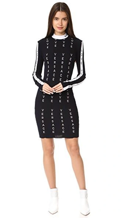 Shop Versace Midi Striped Dress In Navy/black/white