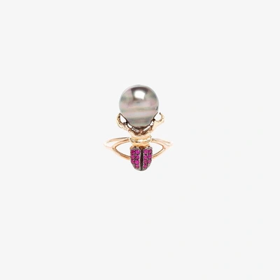 Shop Daniela Villegas 18k Rose Gold Beetle Ruby And Pearl Ring In Red