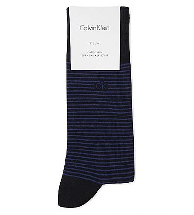 Shop Calvin Klein Striped Cotton-blend Socks Two Pack In Nvy Blue