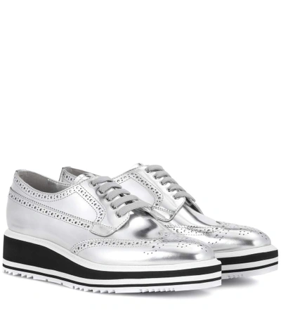 Prada 50mm Mirror Leather Wedge Lace-up Shoes In Silver