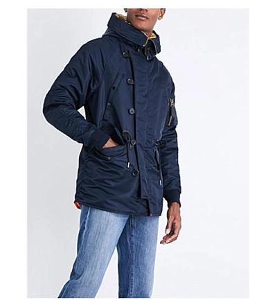 Shop Sandro Hooded Quilted Coat In Navy Blue