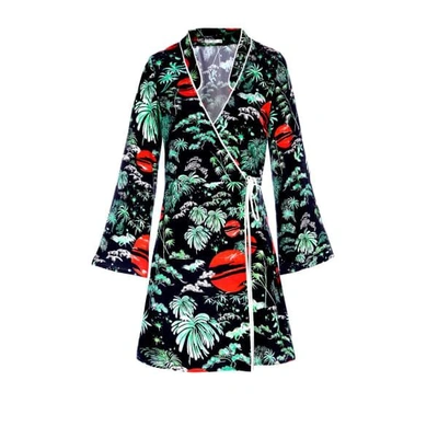 Shop Rixo London Iris Green Oriental Sky Mini Wrap Dress With Kimono Sleeve