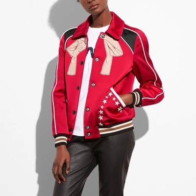 Shop Coach Embroidered Varsity Souvenir Jacket In Red