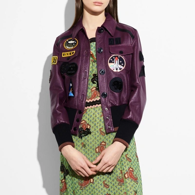 Shop Coach Leather Jacket With Patches In Plum