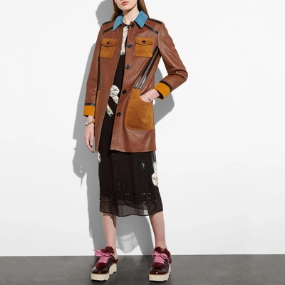 Shop Coach Leather Coat With Suede Detail In Neutral