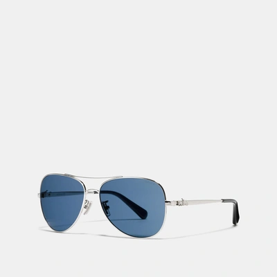 Shop Coach Horse And Carriage Metal Pilot Sunglasses In Silver/dark Blue Solid