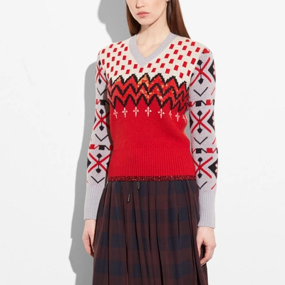Shop Coach Jacquard V-neck Sweater In Red/grey