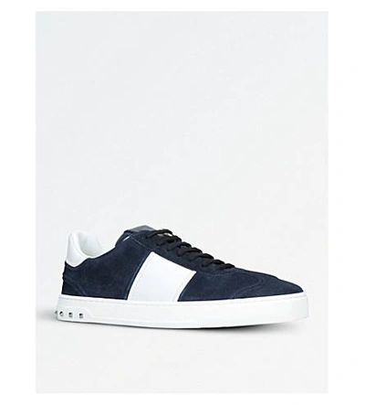 Shop Valentino Fly Crew Leather And Suede Trainers In Navy