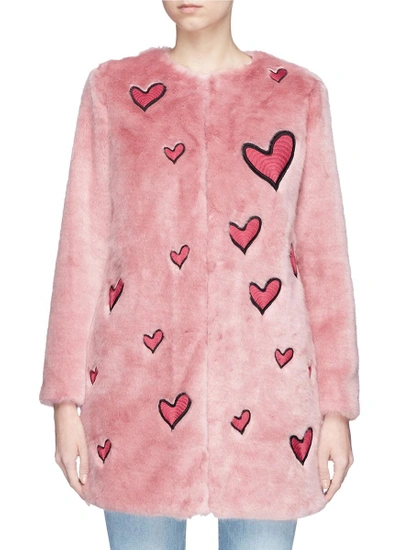 Shop Alice And Olivia 'madge' Heart Patch Faux Fur Long Coat