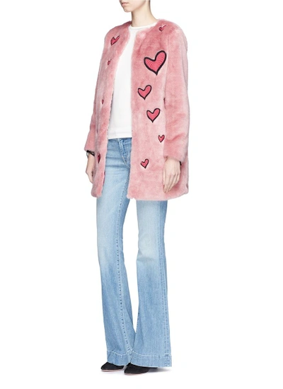 Shop Alice And Olivia 'madge' Heart Patch Faux Fur Long Coat