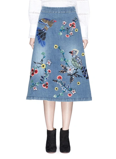 Shop Alice And Olivia 'libbie' Bird And Flower Embellished A-line Denim Midi Skirt