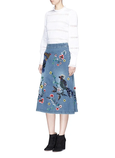 Shop Alice And Olivia 'libbie' Bird And Flower Embellished A-line Denim Midi Skirt