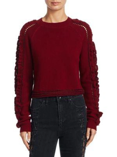 Shop Jonathan Simkhai Crochet Ruffle Cropped Sweater In Cabernet Black