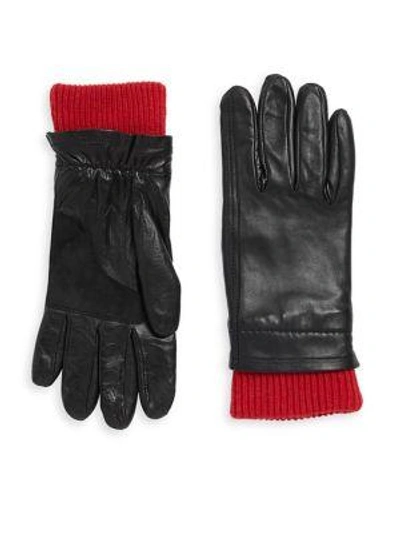 Shop Ami Alexandre Mattiussi Rib-knit Leather Gloves In Black Blue