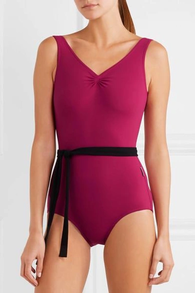 Shop Ballet Beautiful Belted Ruched Stretch-jersey Leotard