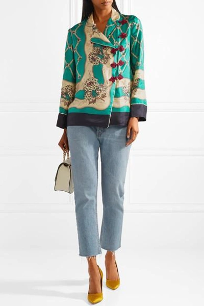 Shop Gucci Printed Silk-satin Twill Blouse In Light Blue