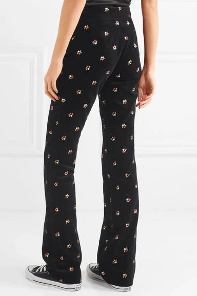 Shop Alexa Chung Embroidered Cotton-velvet Straight-leg Pants In Black