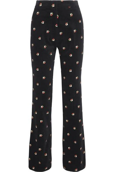 Shop Alexa Chung Embroidered Cotton-velvet Straight-leg Pants In Black