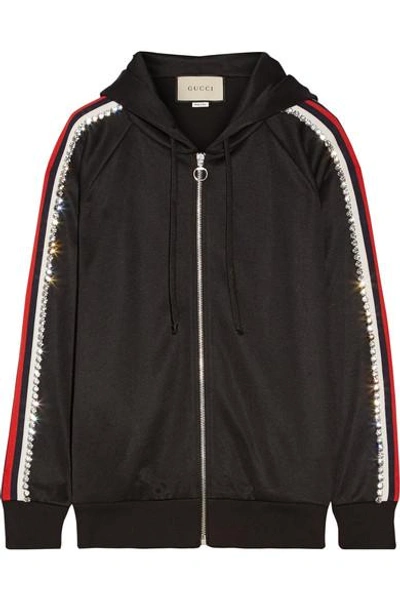 Shop Gucci Swarovski Crystal-embellished Striped Tech-jersey Hoodie In Black