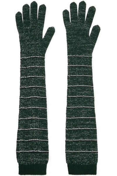 Shop Prada Striped Metallic Wool-blend Gloves In Green