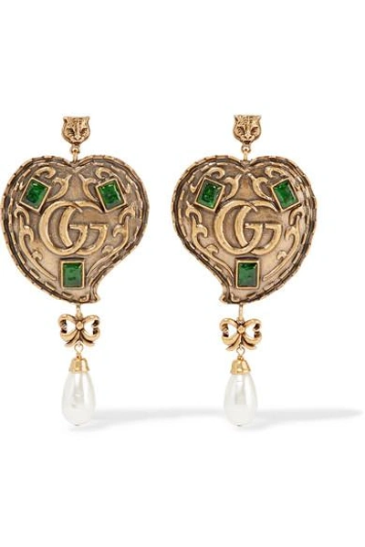 Shop Gucci Burnished Gold-tone, Faux Pearl And Crystal Earrings In Brass