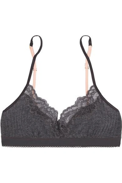 Shop Stella Mccartney Lily Blushing Lace-trimmed Ribbed-knit Soft-cup Triangle Bra In Charcoal