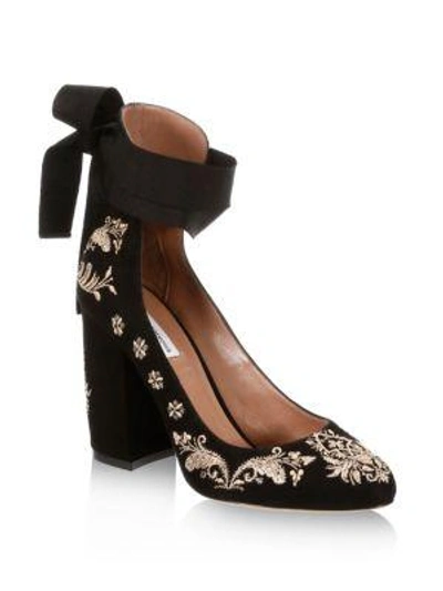 Shop Tabitha Simmons Isabel Embroidered Suede Ankle-wrap Pumps In Black Gold