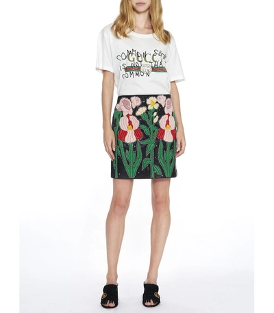 Shop Gucci Black/multicolor Leather Flower Intarsia Mini Skirt