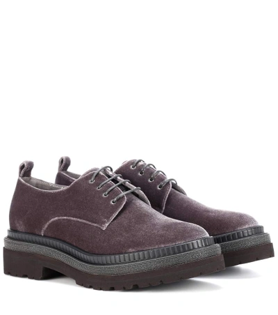 Brunello Cucinelli Velvet Derby Shoes In Grey
