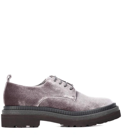 Shop Brunello Cucinelli Velvet Derby Shoes In Grey