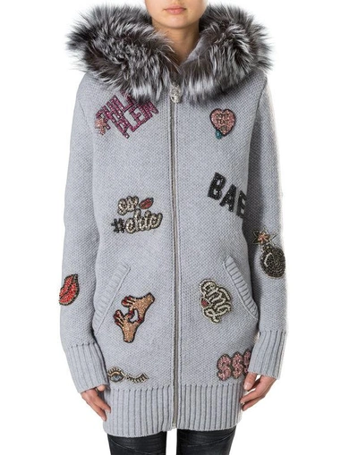 Shop Philipp Plein Knit Jacket "omg You" In Light Grey