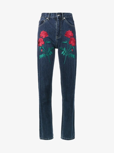 Shop Adam Selman Rodeo Rose Embroidered Jeans In Blue
