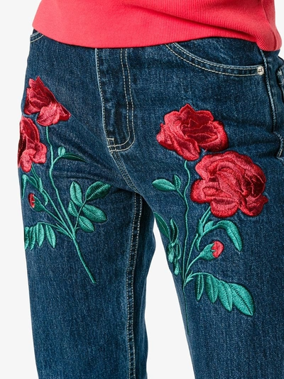 Shop Adam Selman Rodeo Rose Embroidered Jeans In Blue