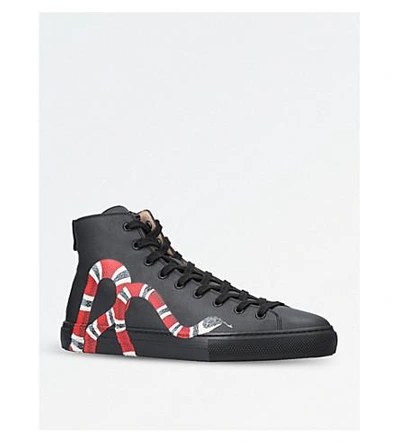 Shop Gucci Major Snake-embellished Leather Sneakers In Black
