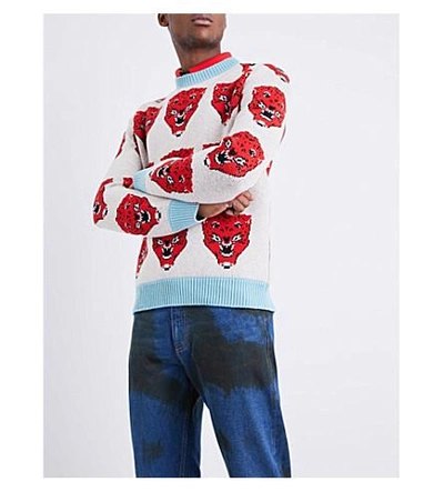 Shop Gucci Tiger-motif Wool Jumper In White Blue