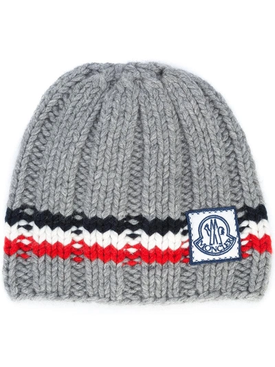 Shop Moncler Logo Striped Beanie Hat